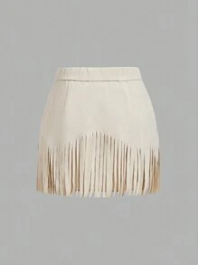 SHEIN MOD 女士复古嬉皮铆钉流苏棕色绒面革 A 字裙、秋季裙子、纳什维尔服装、海盗裙 - 杏色 - 查看 2