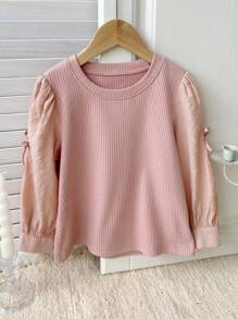 DAZY Young Girl Casual Bow Sleeve Ribbed Loose 2-In-1 Shirt, Spring/Autumn - Pink - View 1