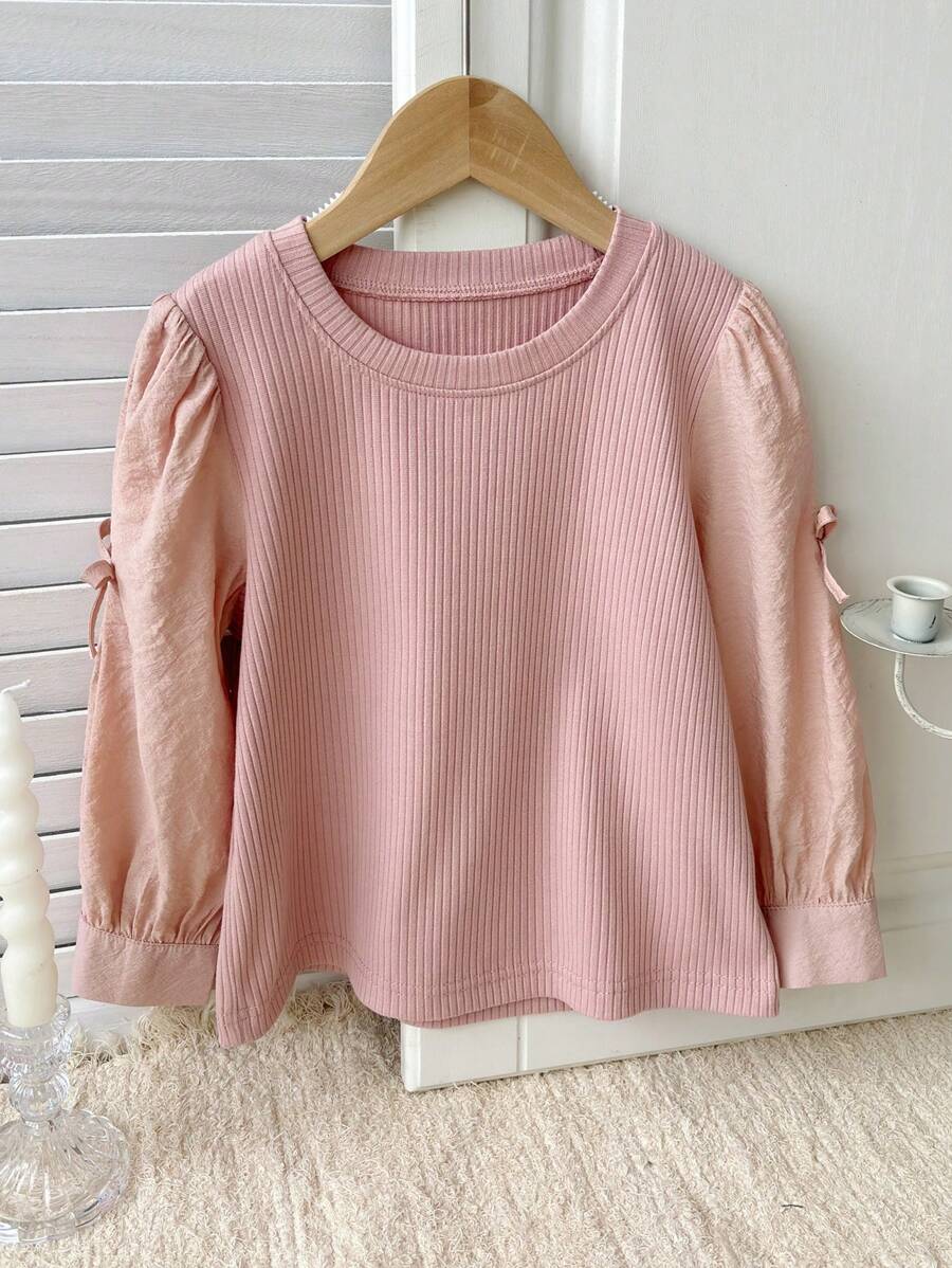 DAZY Young Girl Casual Bow Sleeve Ribbed Loose 2-In-1 Shirt, Spring/Autumn - Pink - View 1