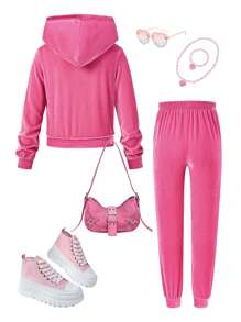 Tween Girl Urban Chic Solid Color Knit Hooded Cardigan Set