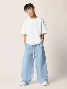 SUMWON Youth Oversized T-Shirt Essential Short Sleeve Crew Neck Casual Minimalist Basic Regular Length School Everyday Spring Summer - White - View 5