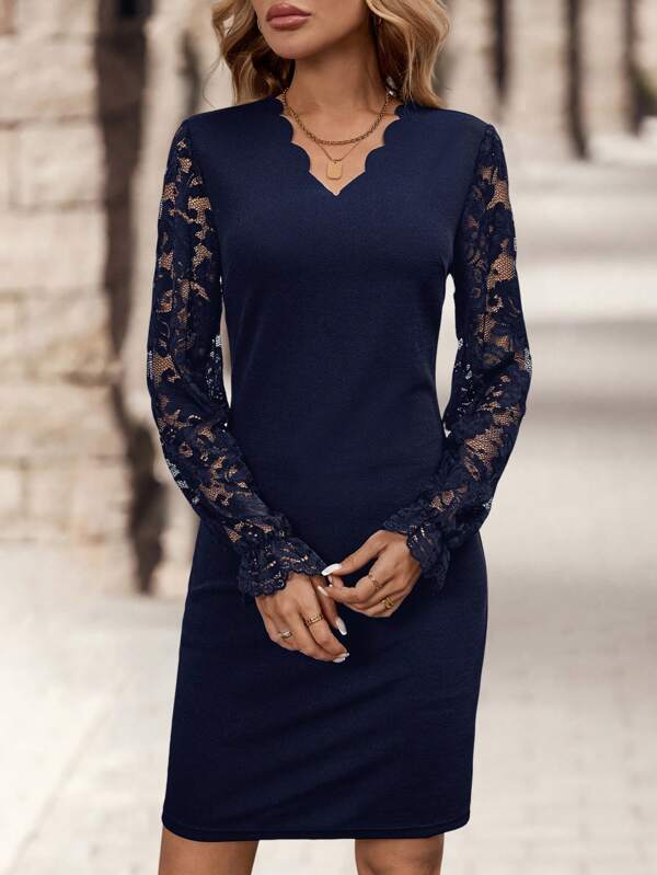 EMERY ROSE Women Short Dress, Winter Women Dress, Thanksgiving Women Outfit, Elegant Dress, Elegant Women Dresses, Lace Dress, Fall Women Clothes Dress, Lace Long Sleeve Sexy Black Dress, Fall Women Outfits, Long Sleeve Dress, Long Fall Dress, Black