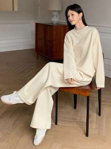 DAZY 2pcs Women Casual Round Neck Pullover Top And Loose Pants Set,Fall Clothes