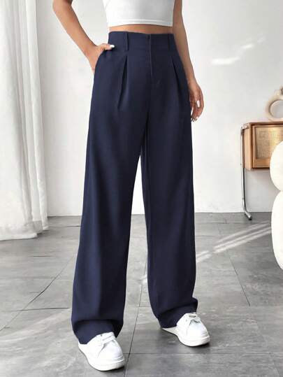 SHEIN PETITE 女士纯色口袋优雅直腿办公裤