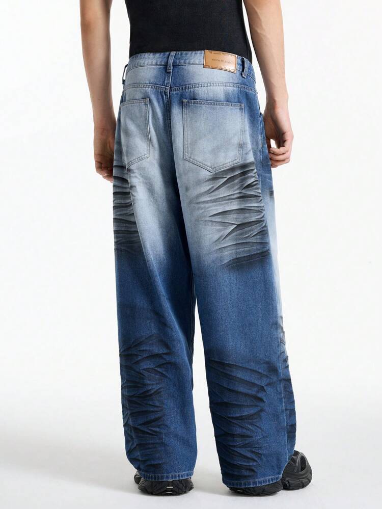 1pc Men's Casual Front Button Pocket Dark Blue Wide Leg Washed Jeans, For Husband, Boyfriend Gifts