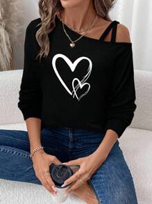 SHEIN LUNE Camiseta de manga larga con un hombro casual con estampado de amor, apropiada para otoño e invierno