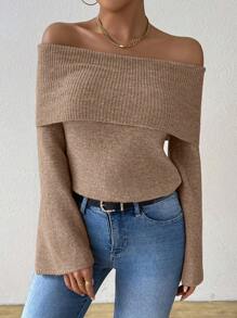 Chiquease New Fashion Solid Color Off-Shoulder Sweater Tops, Autumn/Winter Knit Pullover Fall Outfit - Khaki - View 8