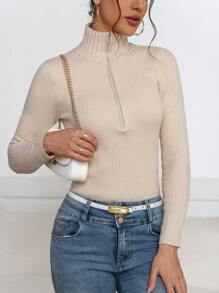 SHEIN Privé Women Khaki Thermal Lined Zip-Up High Neck Long Sleeve Sweater - Khaki - View 6