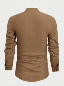 Manfinity VCAY Áo sơ mi nam tay dài cổ đứng dệt trơn màu đơn giản thường ngày phong cách mùa xuân và mùa thu - màu nâu - Xem 2