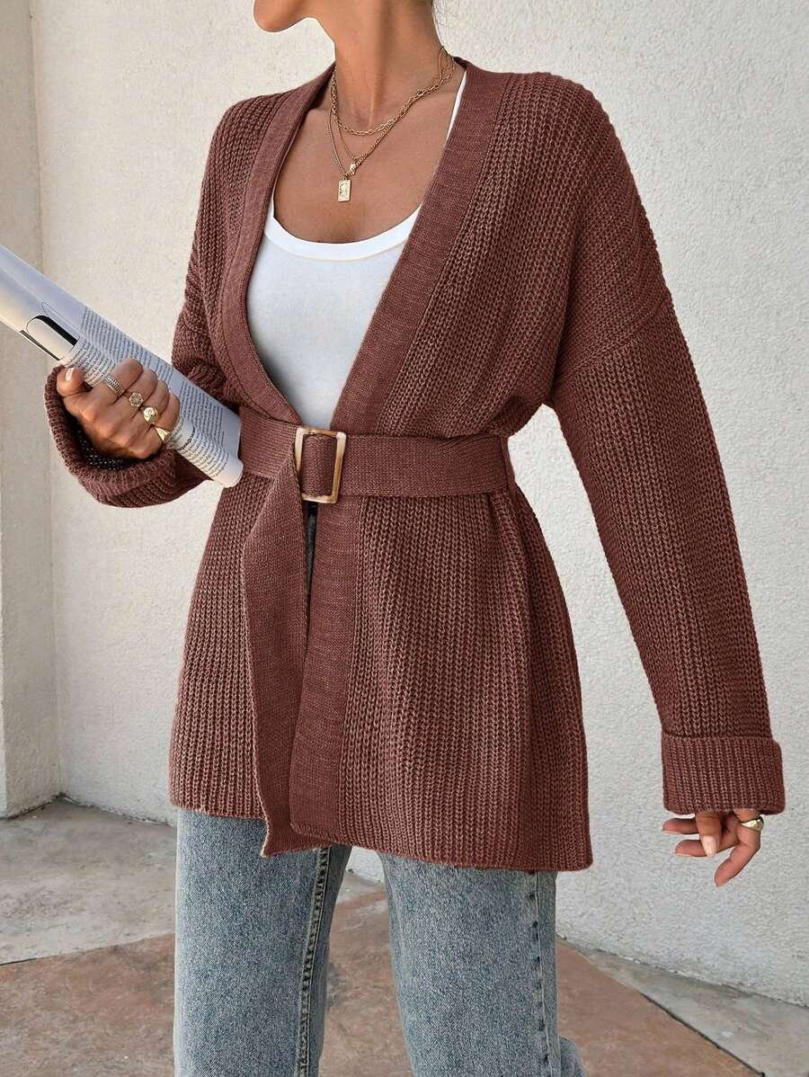 EURMUSE Damen oversized asymmetrisch geformter Strickjacke mit Gürteldetail im Rippstrick - Altrosa - Übersicht 1