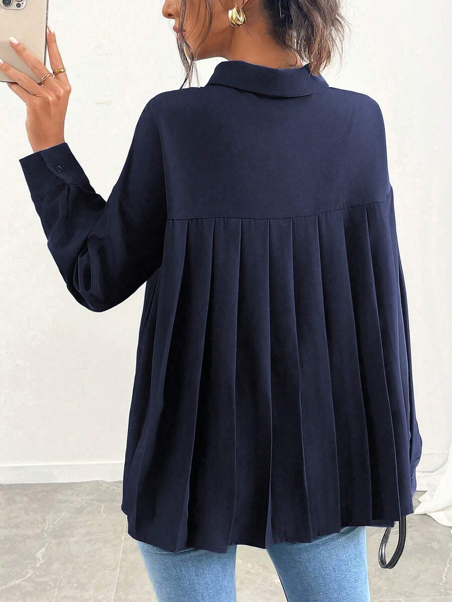SHEIN Clasi Autumn Casual Solid Color Back Pleat Patchwork Shirt Fall Cloth For Women - Navy Blue - View 1