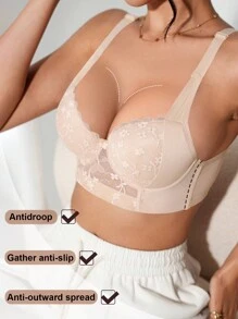 1 件女式对比色蕾丝文胸，休闲柔软舒适宽肩带支撑钢圈内衣 - 杏色 - 查看 3