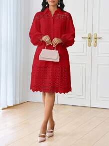 SHEIN Lady Spring And Summer Casual Elegant Work  Contrast Lace Shirt Dress Tunic Dress Midi Women Dresses - Red - View 3