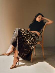 Anewsta 女士都市时尚豹纹渐变黑色女式超长裙