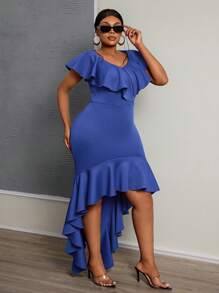 Slaydiva Váy suông màu vàng trơn thanh lịch & dự tiệc & hẹn hò cỡ lớn dành cho nữ có cổ áo viền xếp nếp và viền xếp nếp bất đối xứng, cao thấp, phù hợp cho mùa xuân/hè - Màu xanh lam - Xem 5