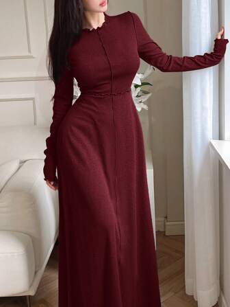Feyla Women's Solid Color Frill Trim Round Neck Long Sleeve Dress, Elegant For Autumn