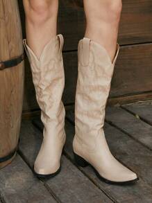 Styleloop Women's Embroidered Pointed Toe High Heel Casual Versatile Western Boots, Suitable For Women's Daily Wear - Apricot - View 4