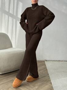 EURMUSE Women Solid Color Turtleneck Long Sleeve Top And Pants Casual Set - Chocolate Brown - View 5