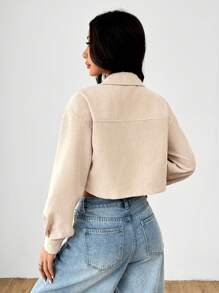 SHEIN PETITE Spring Outfits Drop Shoulder Flap Detail Crop Corduroy Jacket In Fall/Winter - Apricot - View 2