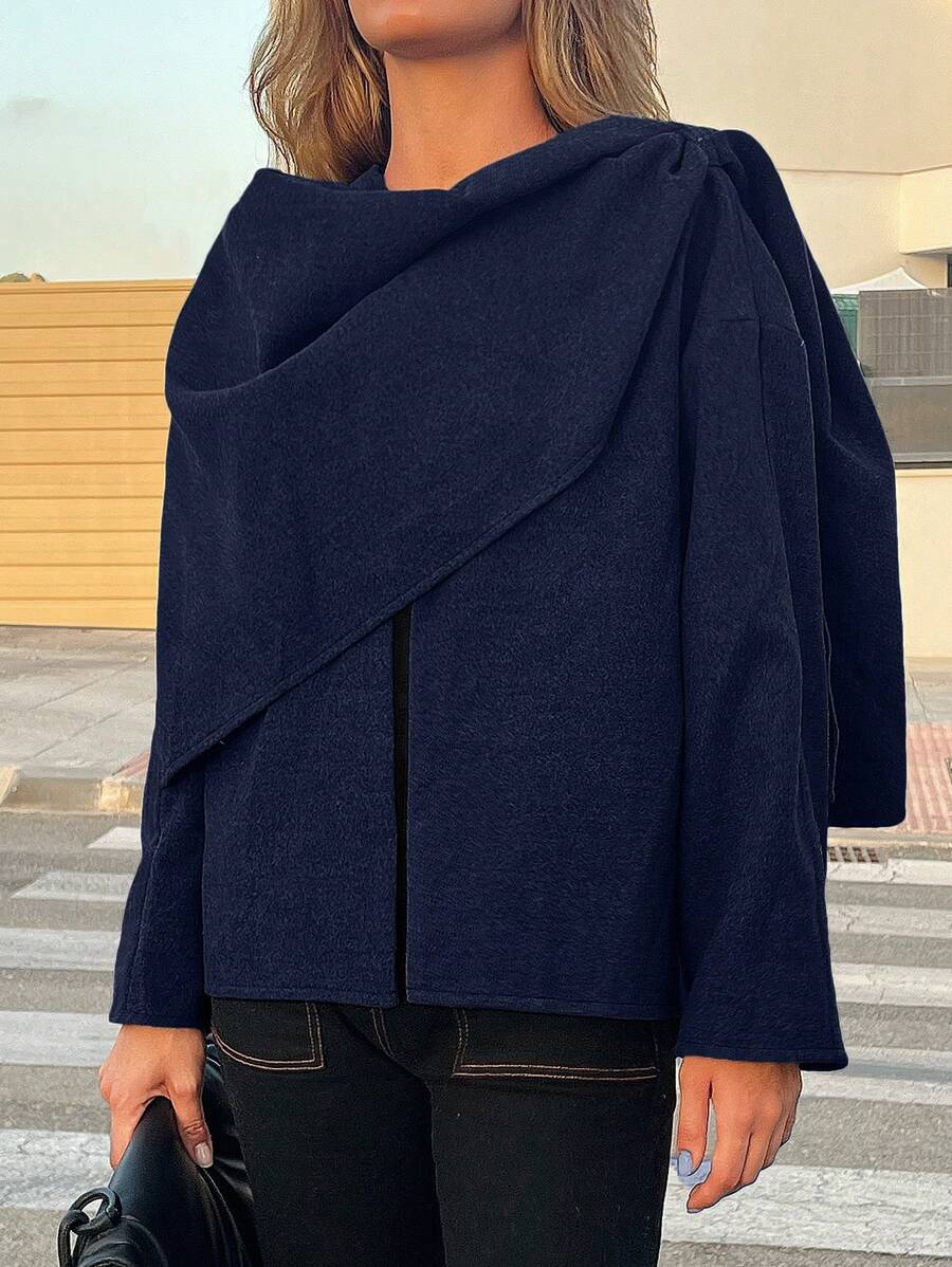 SHEIN Essnce 2024秋季女装机场装时尚休闲宽松百搭黑色毛呢外套设计单件围巾短款开衫外套冬季保暖毛呢外套