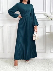 Modelyn Vestido longo elegante feminino estilo árabe, com decote cruzado nas costas, mangas bufantes, barra plissada e modelagem discreta. Disponível em cores sólidas. - Verde-azulado - Ver 4