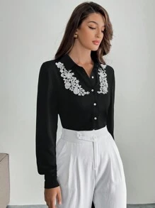 SHEIN Privé Damer Casual Lace Patchwork Front Button Shirt, höst - Svart - Visa 3