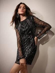 Anewsta Rochie bodycon cu mâneci lungi, fără spate, cu paiete, la modă - Negru - Vizualizare 3