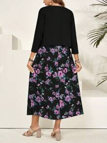 EMERY ROSE 教师服装春季碎花连衣裙两件套女士 - 黑色 - 查看 4