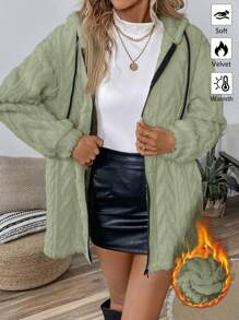 SHEIN LUNE Áo khoác hoodie lót lông màu trơn đơn giản cho nữ, ấm áp & thoải mái, mùa thu/đông - Màu xanh Bạc hà - Xem 3