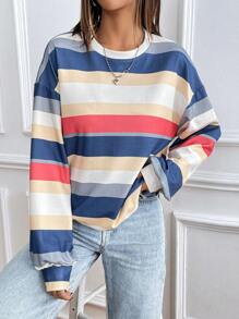 SHEIN LUNE Striped Print Colorblock Round Neck Casual Versatile Long Sleeve Sweatshirt Graduation,Back To School Outfits,Graduation,Teacher Outfits For Women,Back To School Pullover Fall Outfit