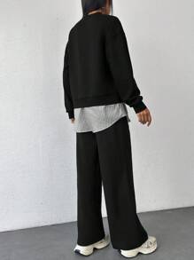 Cotton Fashionable Patchwork Sweatshirt & Sweatpants Set - Black - View 2
