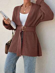 EURMUSE Damen oversized asymmetrisch geformter Strickjacke mit Gürteldetail im Rippstrick - Altrosa - Übersicht 3