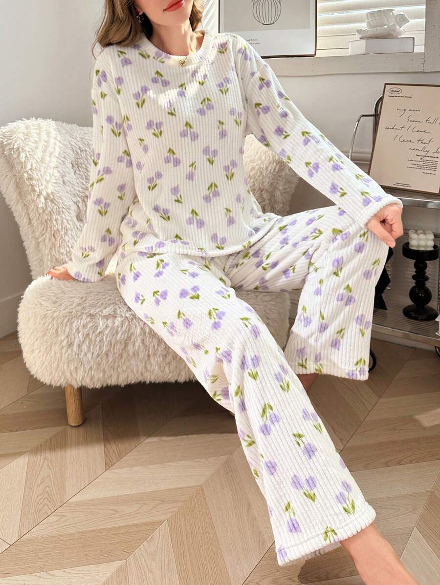 Floral Print Fleece Pullover Dames Pyjama Set
