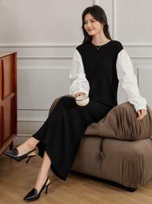DAZY Women Casual Patchwork 2 In 1 Sweater Dress,Fall Clothes - Black - View 5