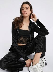 SHEIN EZwear 女士拉链门襟抽绳连帽上衣和裤子套装 - 黑色 - 查看 1