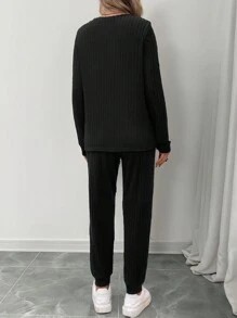 SHEIN LUNE Women Casual Color Block Long Sleeve Top And Pants 2 Pieces Set, Autumn - Black - View 2