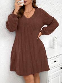 SHEIN Clasi Vestido casual corto con costillas anchas de talla grande en color vino tinto para mujeres - Marrón - Ver 7