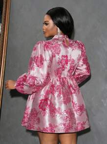 Slaydiva Plus Size Women Elegant Fashion Jacquard Silhouette Contrast Color Puff Sleeve High Neck A-Line Loose Smock Dress