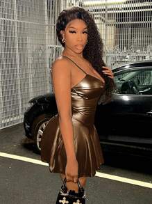 Slaydiva Elegant Summer Music Festival Strappy Bust Cup Shape Design Ruffled Hem Tight PU Coated Black Mini Dress For Women - Brown - View 4