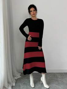 Elenzga Women's Color Block Simple Striped Sweater Dress Fall Cloth For Women