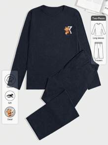SHEIN Cottnline Cotton Men Bear Printed Button Neck Regular Long-Sleeve Homewear Set - Navy Blue - View 2
