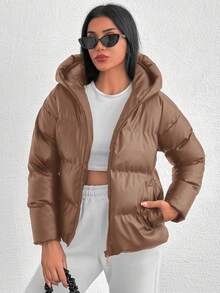 EURMUSE Petite Women's Zip Up Hooded Padded Coat Made Of PU Fabric - Camel - View 4