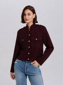 Women's Solid Color Front Button Long Sleeve Pocket Casual Short Jacket - Burgundy - View 5