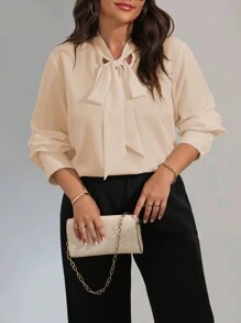 SHEIN Unity Plus Size Solid Color Front Tie Long Sleeve Casual Blouse - Apricot - View 4