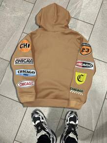 Manfinity EMRG Áo hoodie rút dây in khẩu hiệu cỡ lớn cho nam, áo nỉ dài tay thường ngày - Màu Khaki - Xem 2