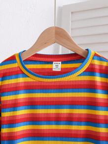SHEIN Dziewczęca, swobodna dzianinowa, kolorowa, w paski, z okrągłym dekoltem i długim rękawem