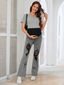 SHEIN Maternity Solid Color Patchwork Ripped Elastic Flare Jeans