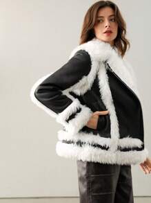 Anewsta Color-Block Knit Bomber Jacket For Women, Winter - Black - View 4