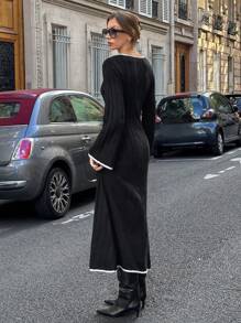 Chiquease Robe longue élégante pour femmes à manches longues, col en U, color block, tricot torsadé, pour vacances, noire - Noir - Voir 2