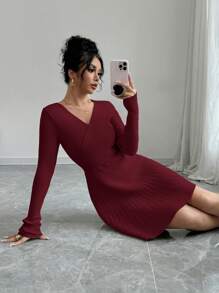 Elenzga 1pc Solid Color V-Neck Long Sleeve Casual Short Wrap-Style Dress - Burgundy - View 4